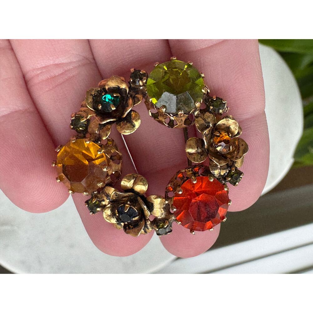 Vintage Austria Multi Coloured Rhinestone Floral Wreath Brooch Jewelry